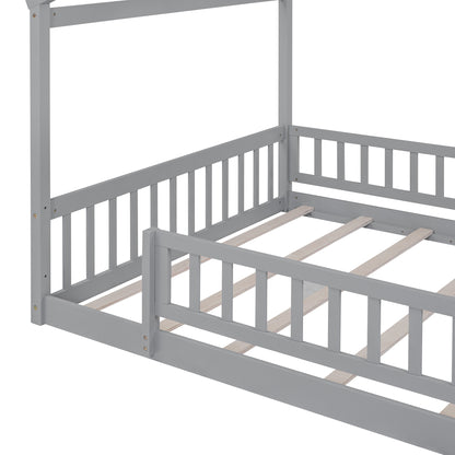 Full Size Wood Bed House Bed Frame with Fence, for Kids, Teens, Girls, Boys,Gray