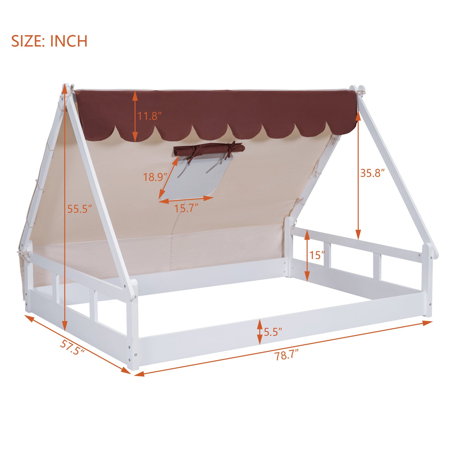 Wooden Full Size Tent Bed with Fabric for Kids,Platform Bed with Fence and Roof, White+Brown