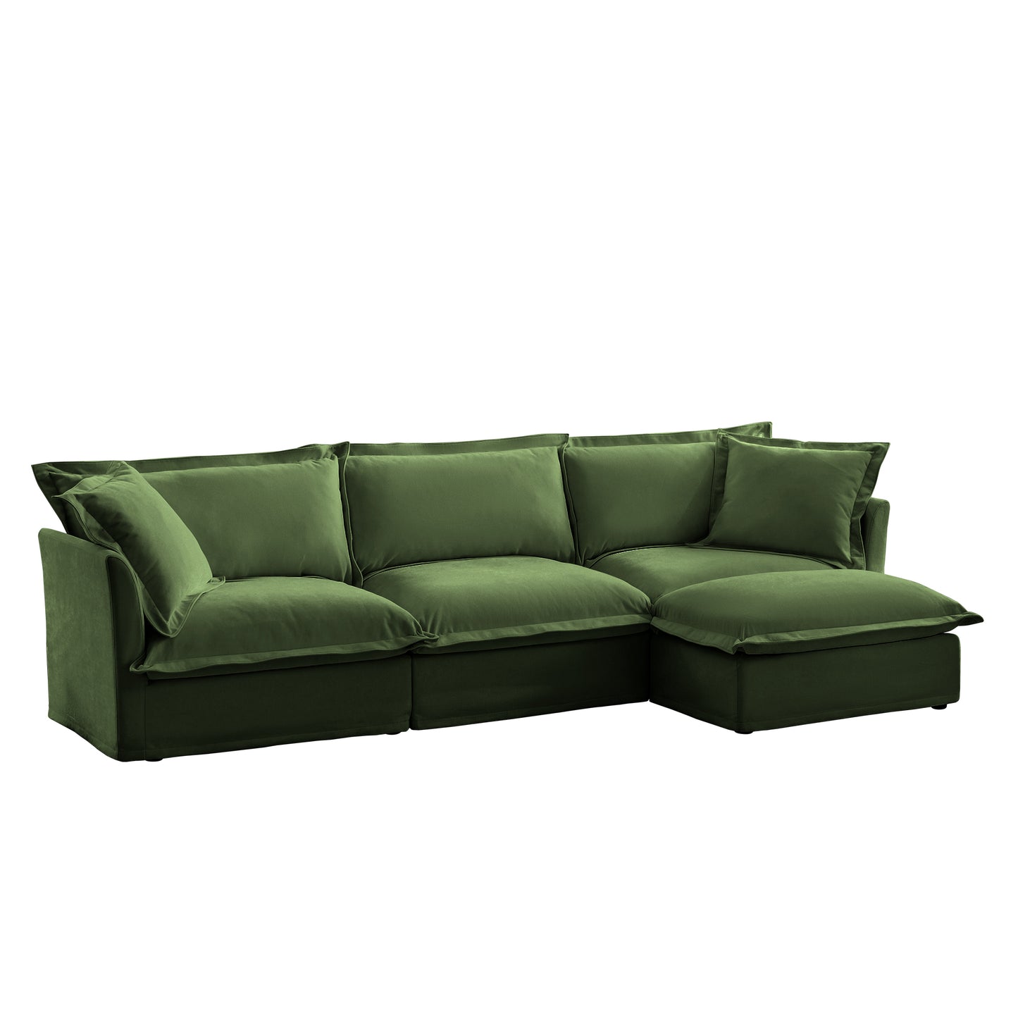 L-Shaped Slipcovered Sectional Sofa Couch, Comfy Chenille Deep Seat Cloud Couch with Convertible Ottoman & 2 Big Pillows, Modern Oversized 3 Seater Slipcovered Sofa Set for Living Room Office, Green