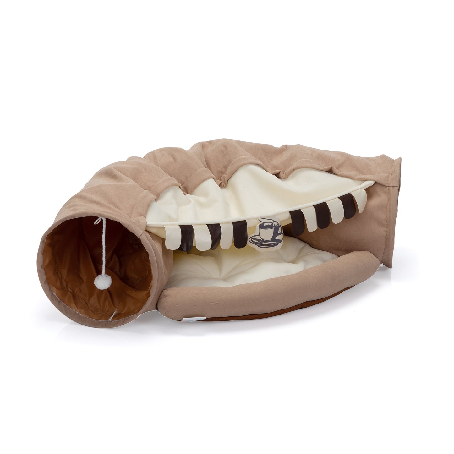 Collapsible Cat Tunnel Bed for Indoor Cats, Washable Cat Hide Tunnel with Hanging Toys and Cushion Mat, Coffee