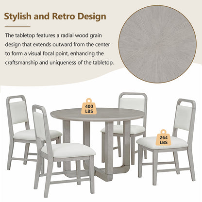 TREXM 5-Piece Retro Dining Set, Round Table Top with Radial Wood Grain Design and 4 Upholstered Chairs for Dining Room and Kitchen (Antique Gray)