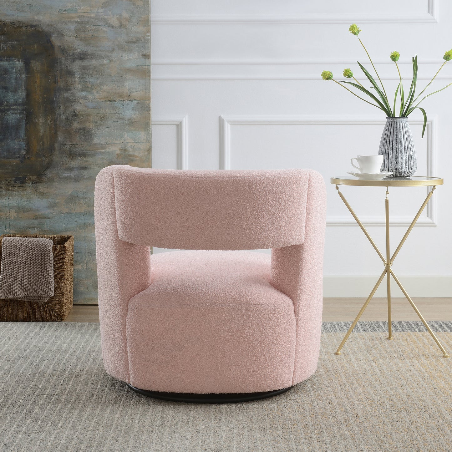 Swivel Barrel Chair with Soft Teddy Fabric, Comfy Round Accent Chair for Living Room.Upholstered Performance Fabric for Living Room Bedroom Reading Waitingroom,1 PC,Teddy Light Pink