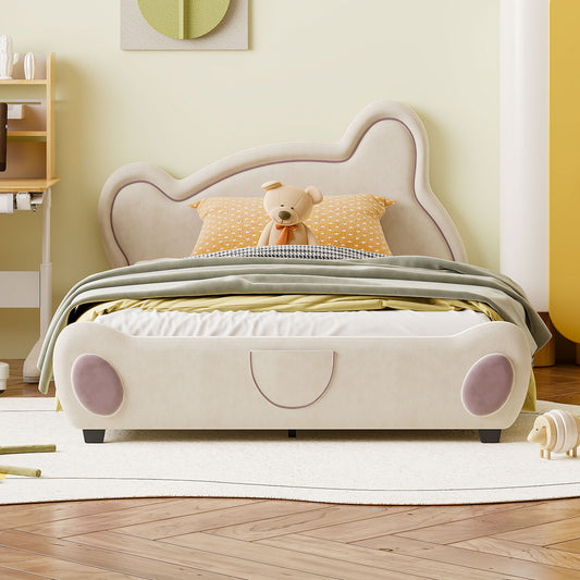 Full Size Velvet Platform Bed with Bear-Shaped Headboard, with Drawers, with Bed-End Storage Pocket, Beige