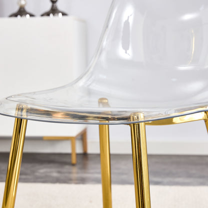 Table and chair set.Modern Luxurious Round Tempered Glass Dining Table Set-40*40 inch with 6 Transparent Plastic Dining Chair with Gold Metal Legs.Bring a comfortable home experience to the kitchen.