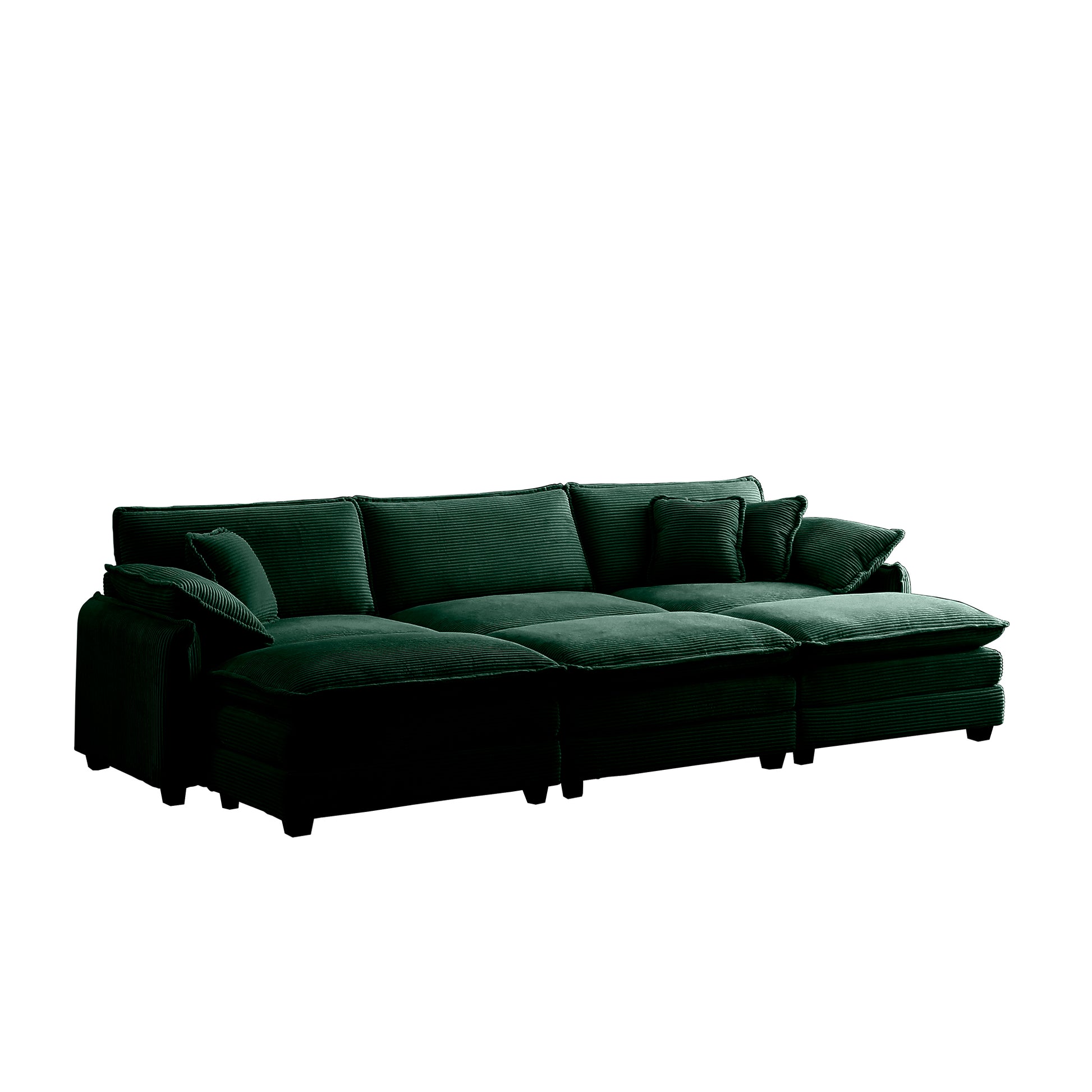 Oversized modular cushioned sofa,with 3 ottomans to work as sleeper sofa beds, 3-seater sofa with 3 footstools,Green corduroy fabric