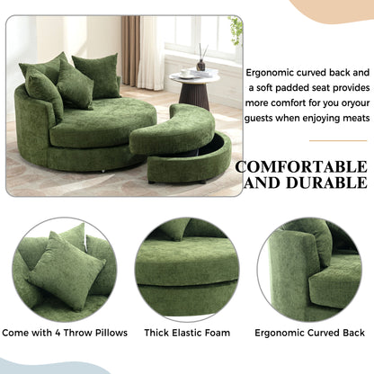 Orisfur. 360° Swivel Accent Barrel Chair with Storage Ottoman & 4 Pillows, Modern Chenille Leisure Chair Round Accent for Living Room, Green