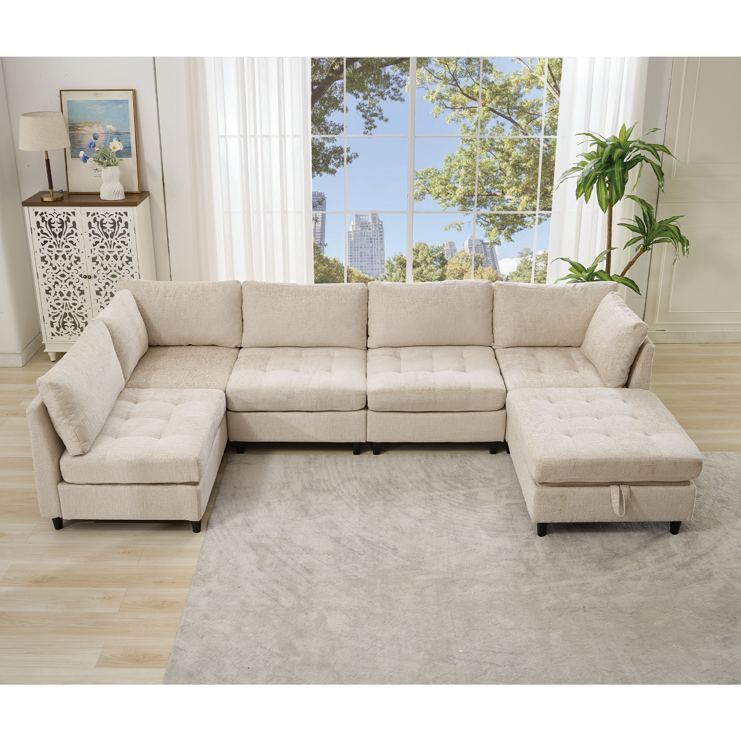 [NEW ARRIVED] [VIDEO PROVIDED]   Modular Sectional Couch with Storage Ottoman, U Shaped Sofa, Storage Ottoman,Minimalist ,Convertible Modular Sofa,Chenille ,Upholstered,6 Seat,Living Room,  Beige