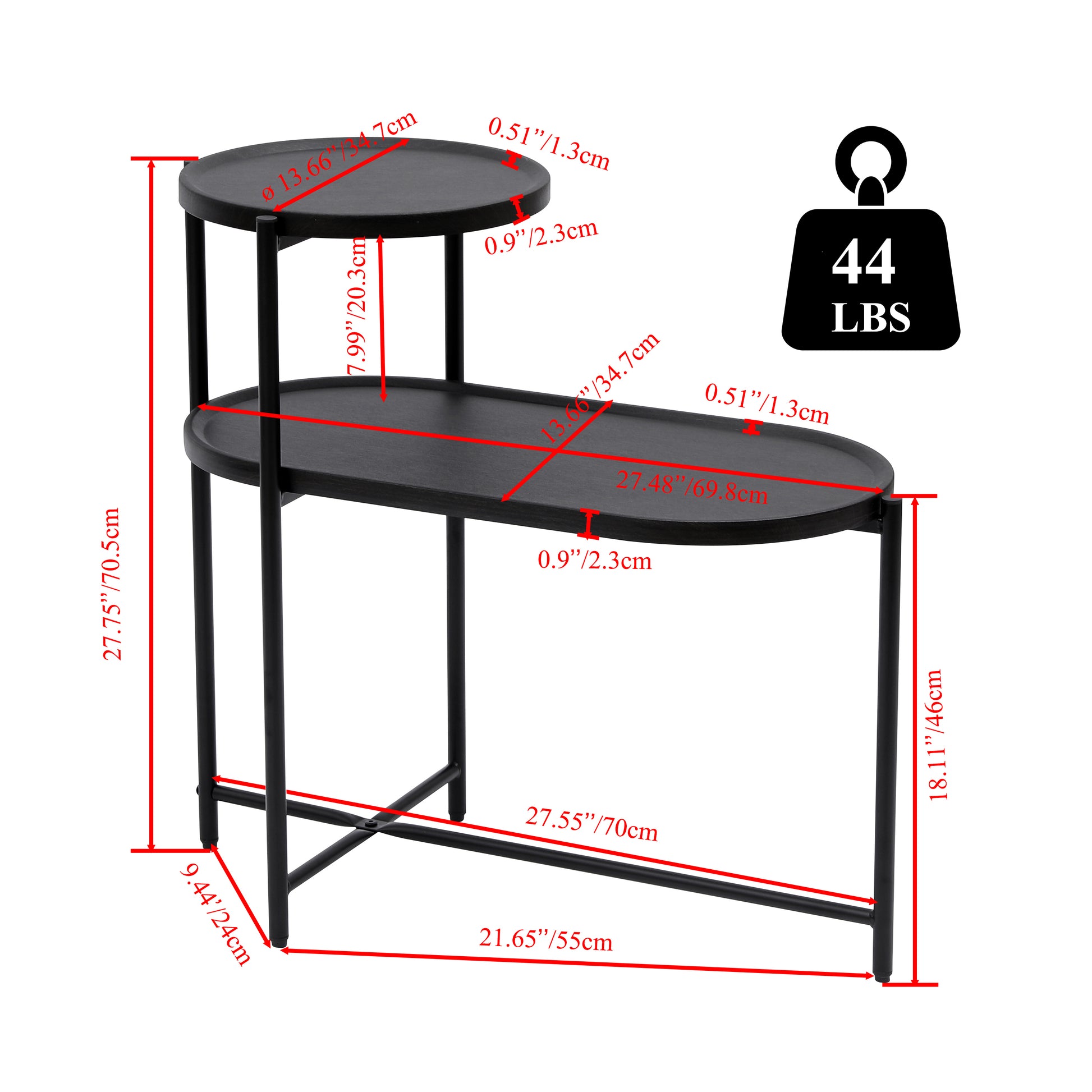 Round Coffee Table with Storage Tray 2 Tier Oval End Tables Wooden Small Side Table for Living Room (Black)