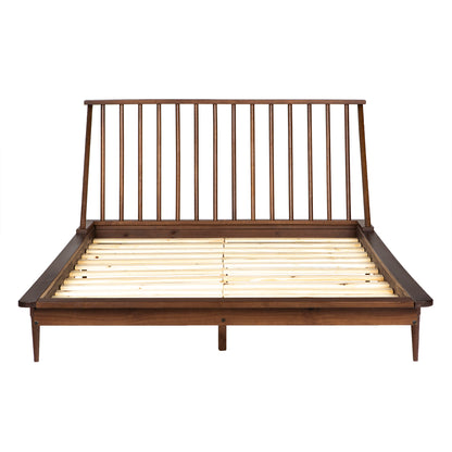 Mid-Century Modern Solid Wood Queen Platform Bed Frame with Spindle Headboard - Walnut