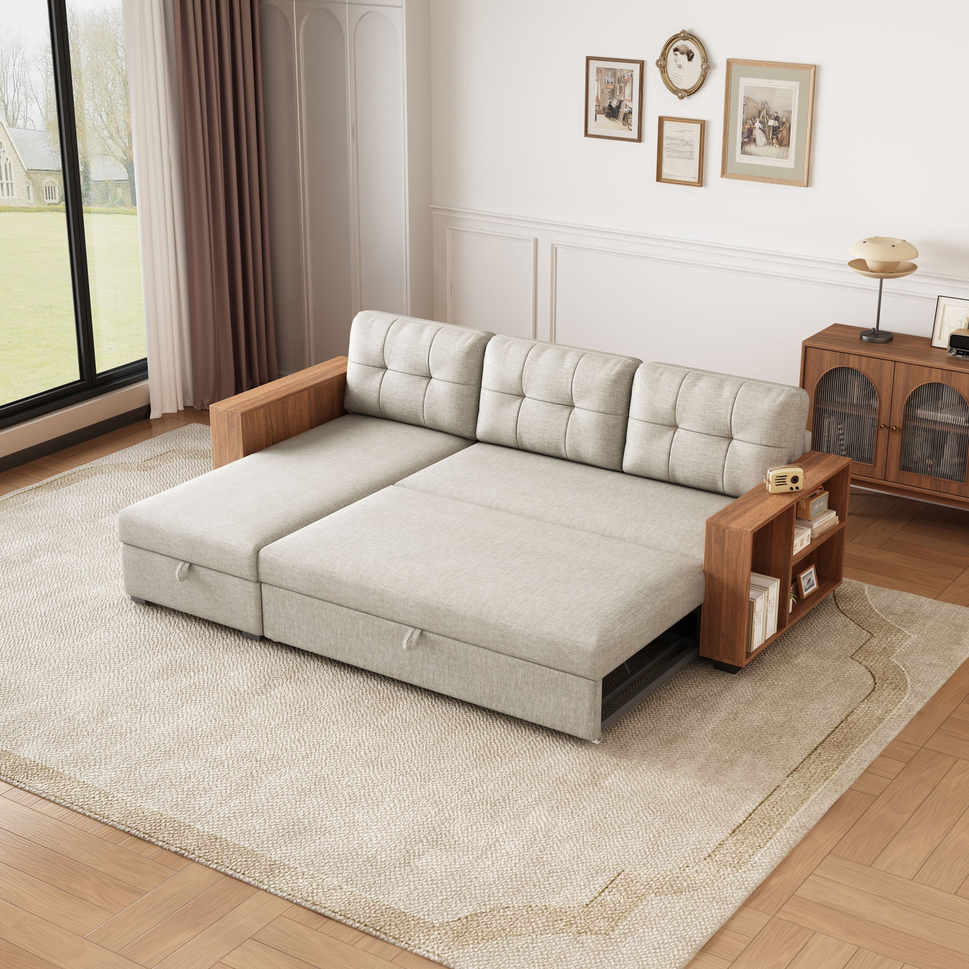 Upholstered Pull Out Sectional Sofa with Storage Chaise, Convertible Corner Couch, Beige-Wooden handrail