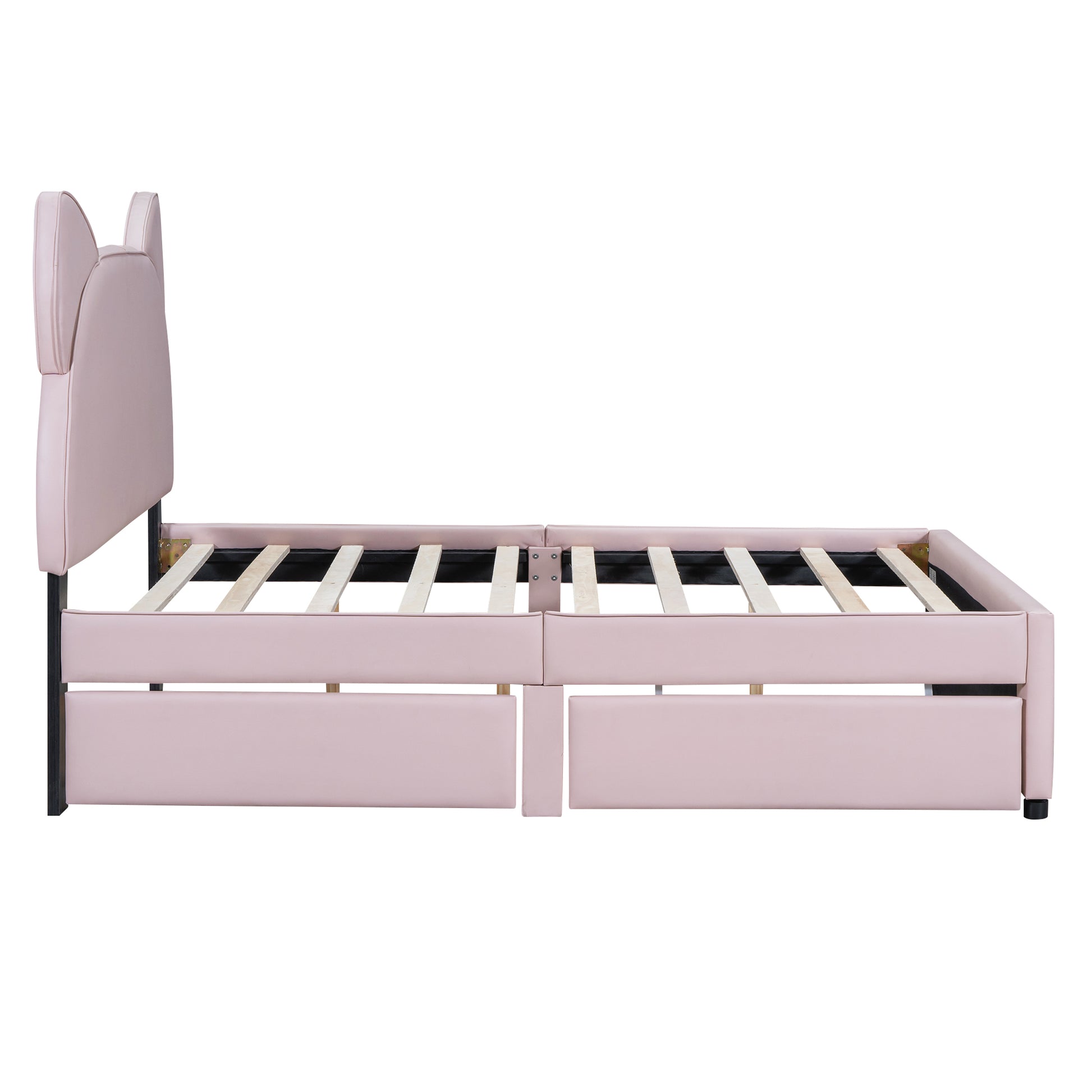 Full Size Upholstered Platform Bed with Cartoon Ears Shaped Headboard and 2 Drawers, Pink