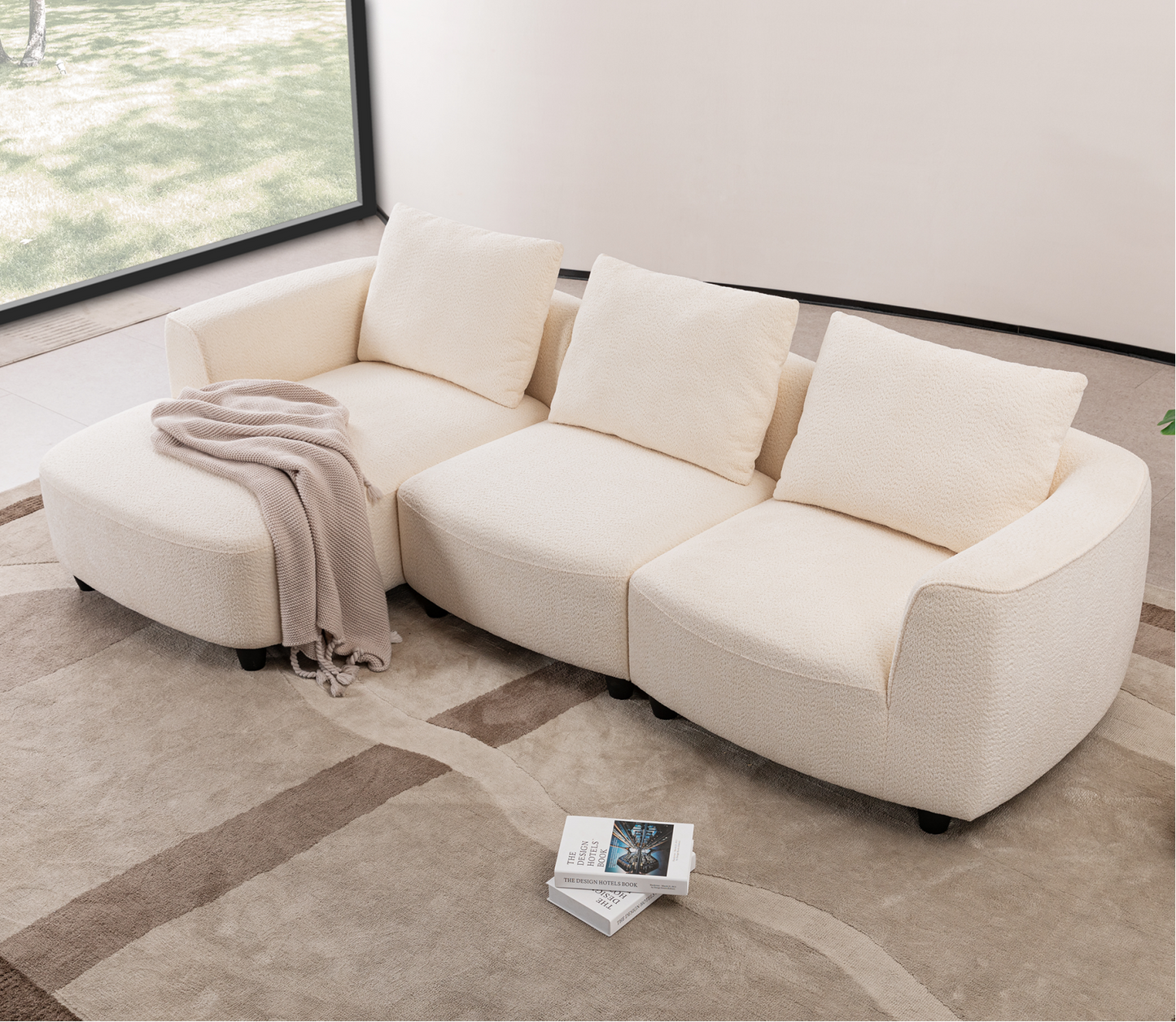 WKS14W  Mid-century modern sofa three-seater sofa with upholstered footstool Living room, bedroom, beige footstool