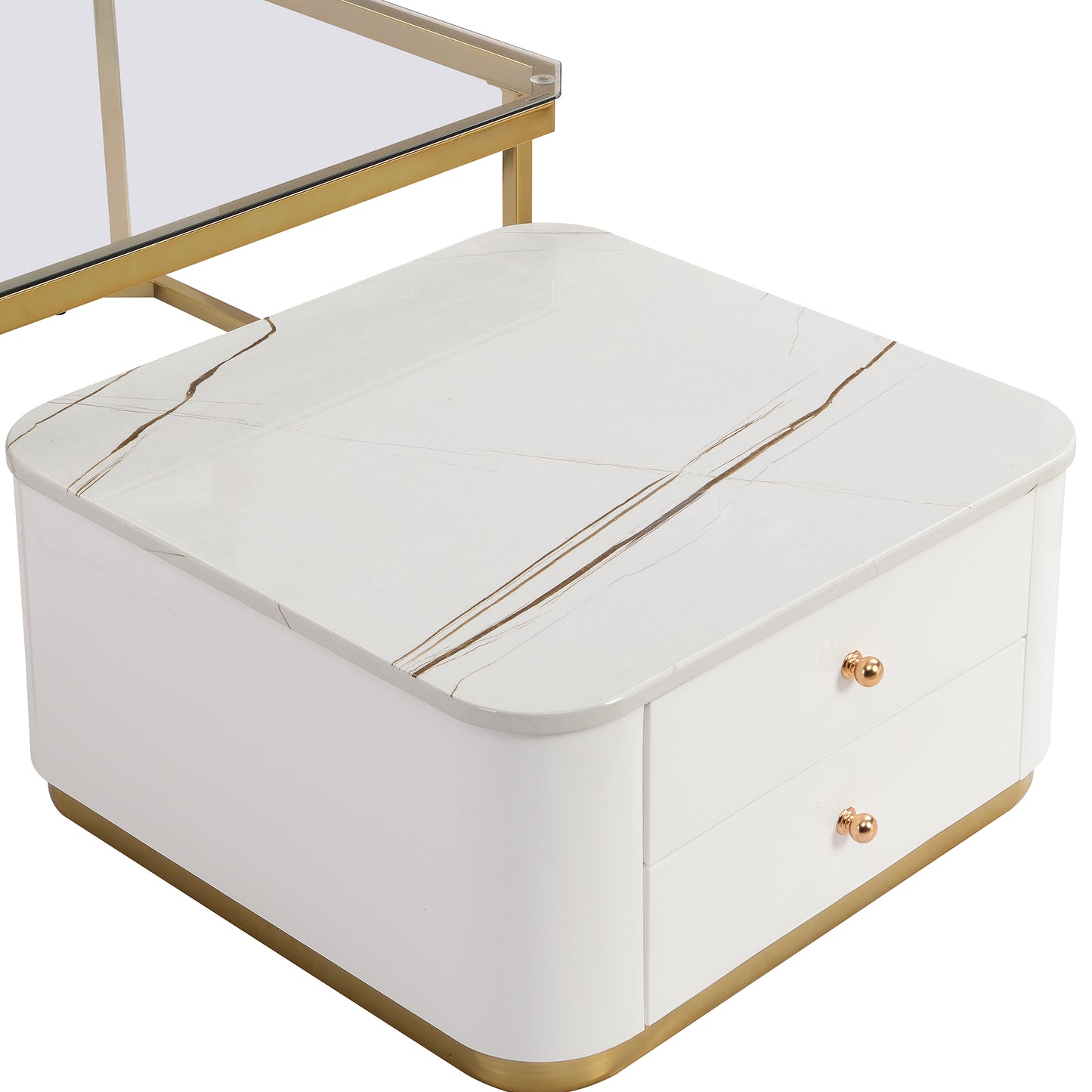 Modern 2 Pieces White  Square Nesting  Coffee Table with Drawers & Electroplated gold legs in 27.6''