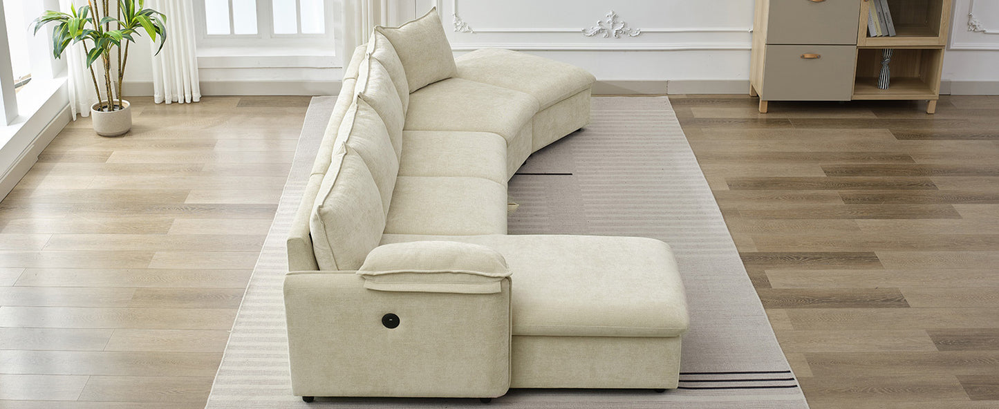 146.9" L-shaped Sofa Sectional Sofa Couch Pull-out Sofa Bed with a Movable Storage Ottoman, a Storage Chaise Lounge and Two USB Ports for Living Room, Beige