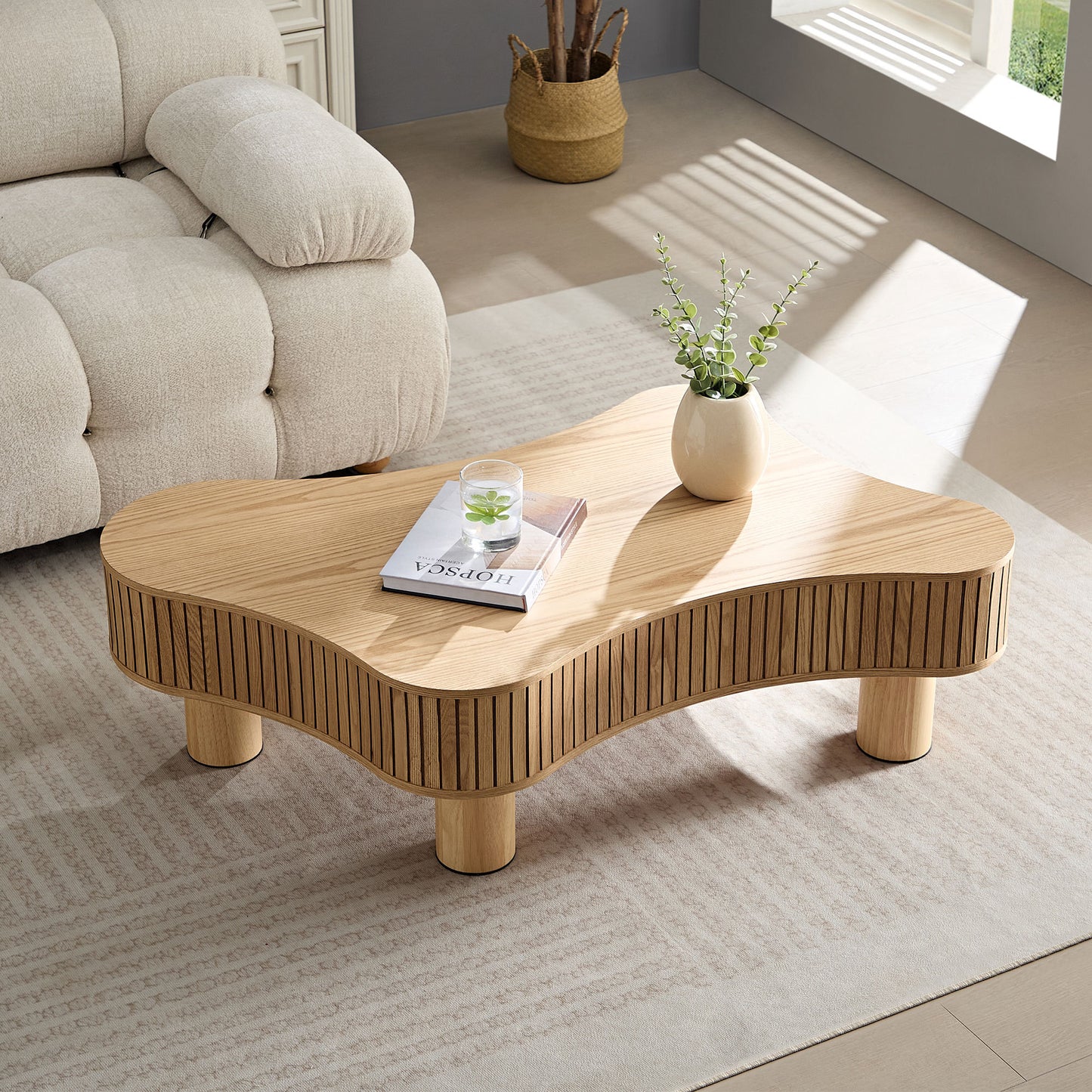 42.52 Inch Modern Wooden Handcraft Drum Coffee Table Irregular Shaped Coffee Table for Living Room,Small Coffee Table with Sturdy Pedestal,Natural Color