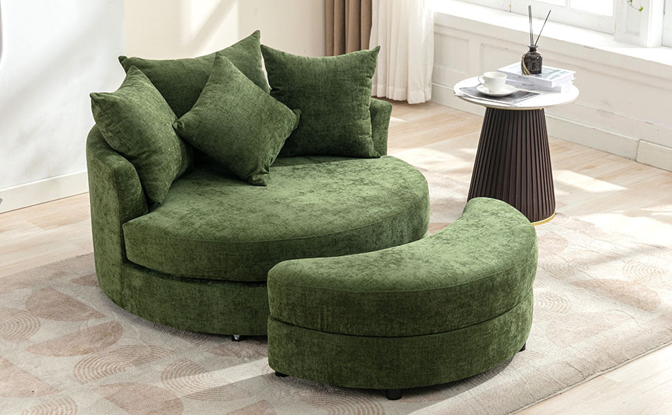 Orisfur. 360° Swivel Accent Barrel Chair with Storage Ottoman & 4 Pillows, Modern Chenille Leisure Chair Round Accent for Living Room, Green