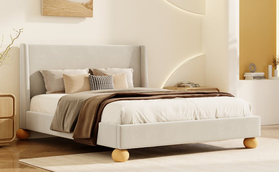 Modern Velvet Upholstered Platform Bed with Wingback Headboard and Round Wooden Legs, Cream,Queen Size(old sku:BS531851AAC)