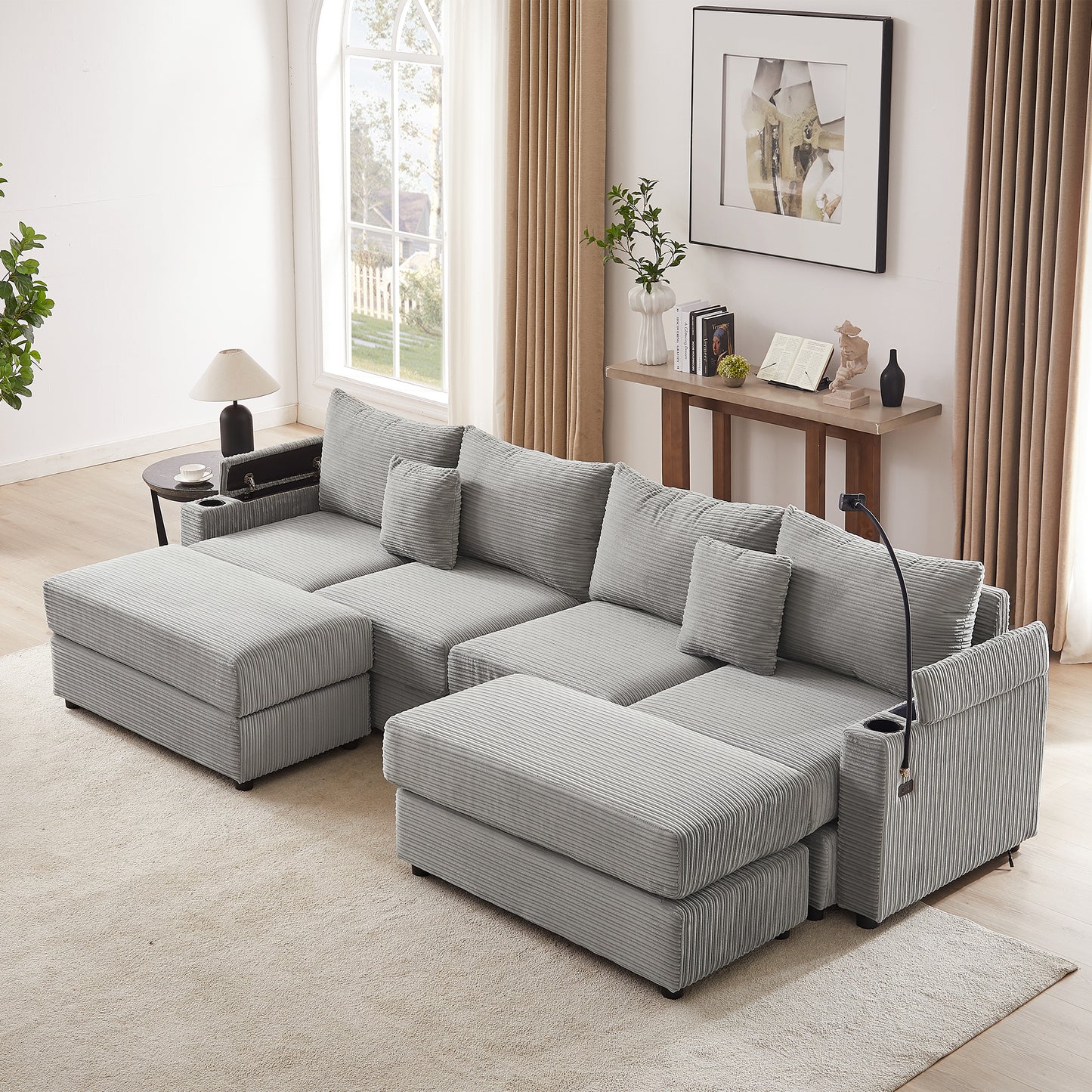 123.2" Modern Style 4-seater Sofa Sectional Sofa Couch with Storage Space, Two Movable Ottomans, Two USB Ports, Two Cup Holders, A Phone Holder for Living Room, Grey