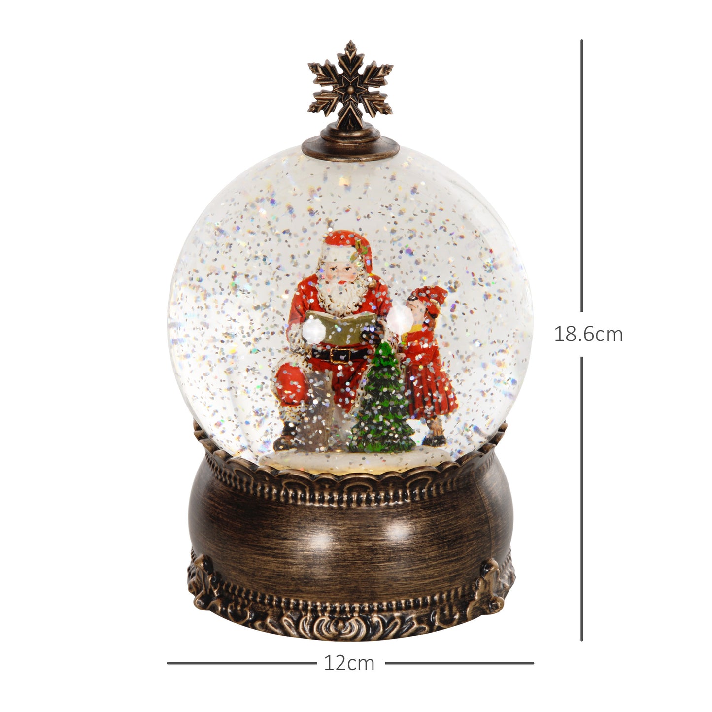 HOMCOM Christmas Snow Globe with Light, Musical Snow Globe with Swirling Glitter, Battery Operated Christmas Decoration for Holiday Party or Gift, Bronze