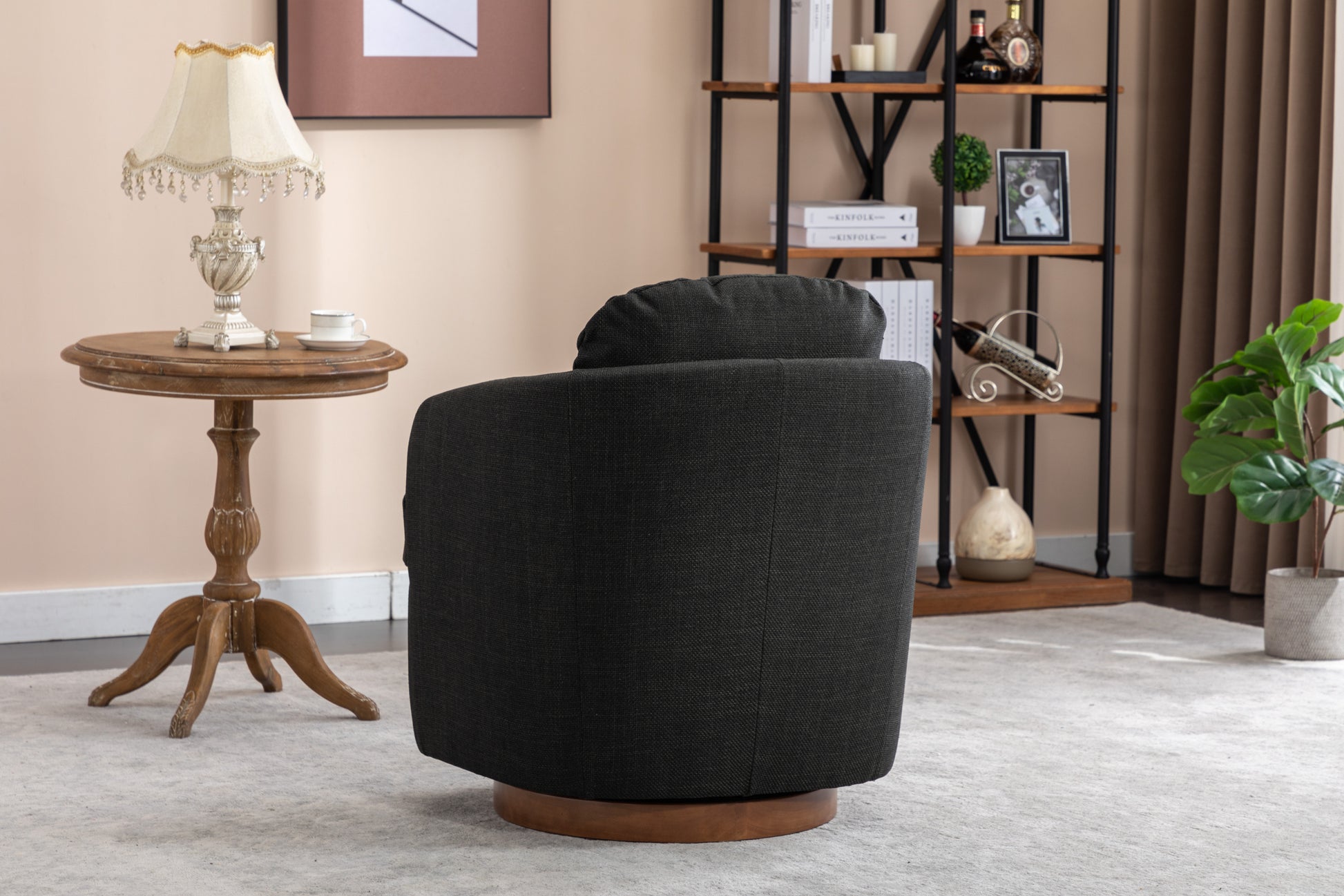 035-Linen Fabric Swivel Accent Chair With Soild Wood Round Brown Base Leg,Dark Gray