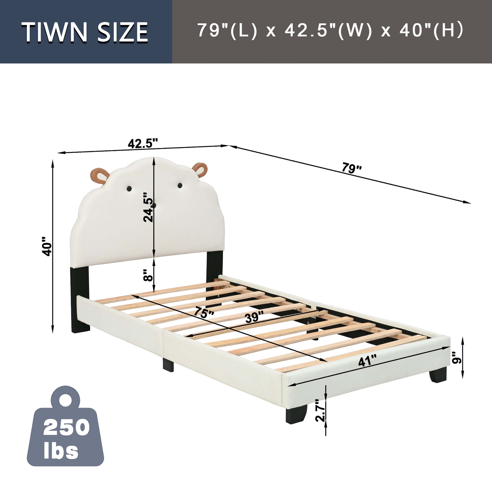 Upholstered Twin Size Platform Bed for Kids, with Slatted Bed Base, No Box Spring Needed, White color, Sheep Design