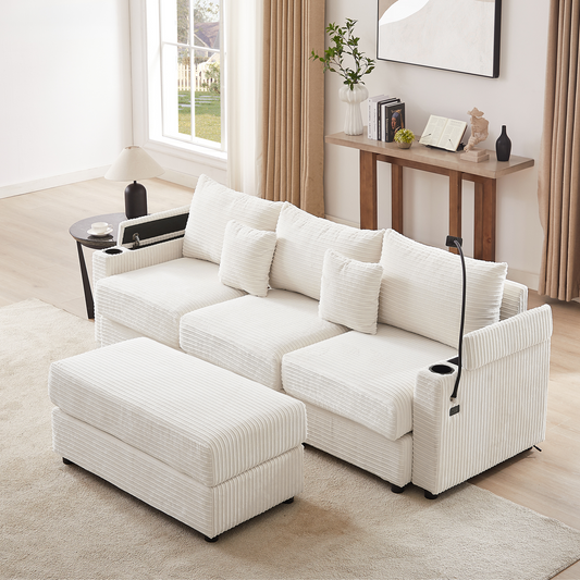 95.3" Modern Style 3-Seater Sofa Sectional Sofa Couch with Storage Space, A Movable Ottoman, Two USB Ports, Two Cup Holders, A Phone Holder for Living Room, Beige