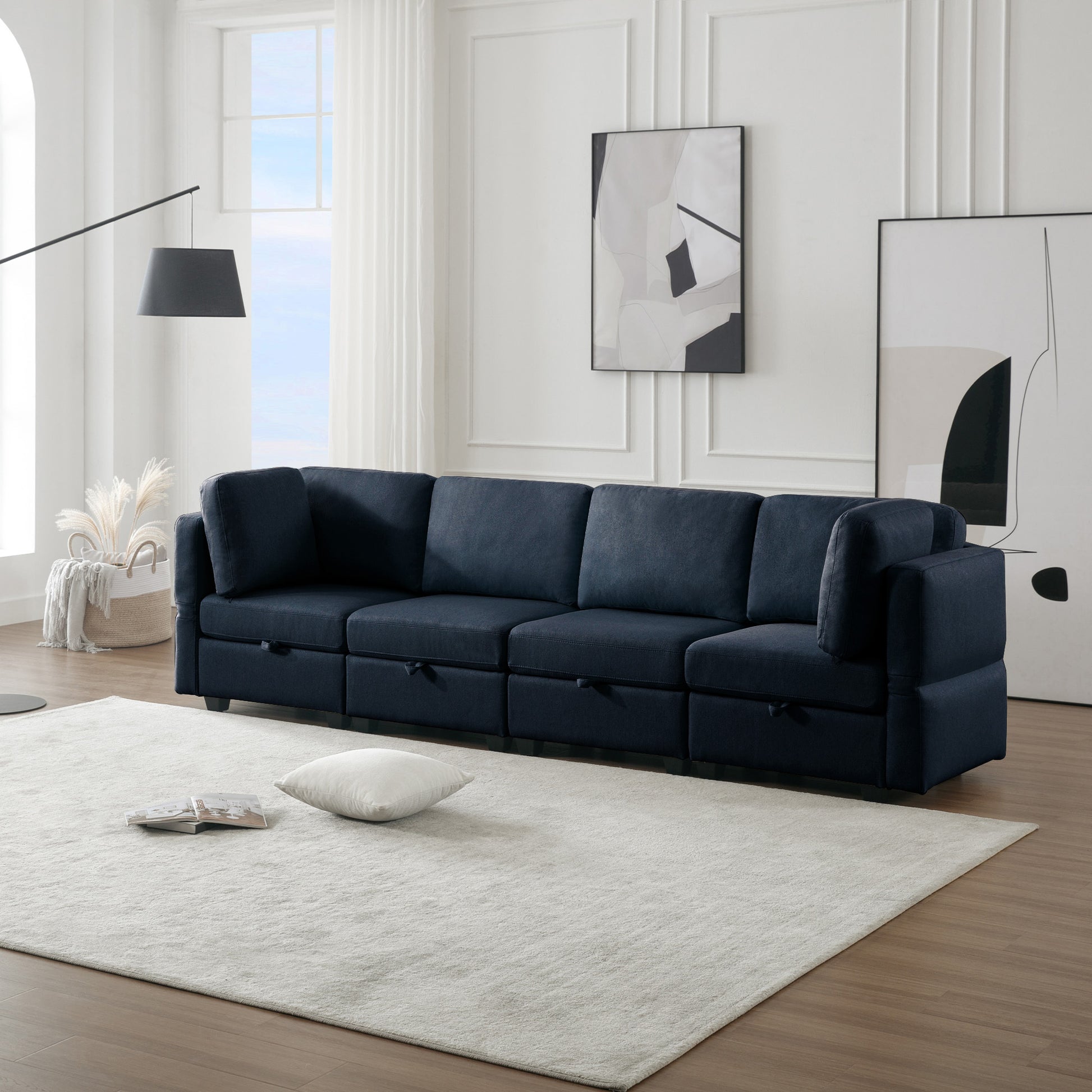 Fabric Modern Modular Sofa Couch with Storage Seats Modular Sectional Sofa 4 Seater Modular Couch for Living Room  - Blue