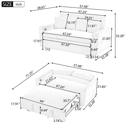 57.48" Pull-out Sofa Bed Convertible Couch 2 Seat Loveseat Sofa Modern Sleeper Sofa with Two Throw Pillows and USB Ports for Living Room, Beige(Old Sku:WF317760AAA)