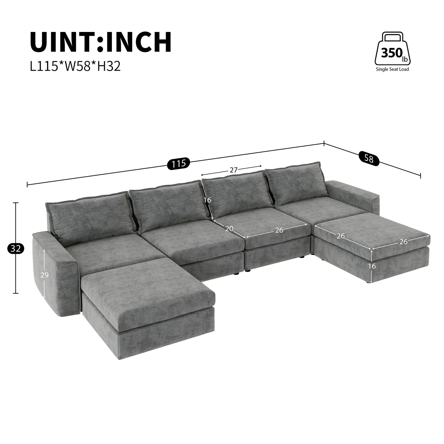 [VIDEO provided][New]115*58" Chenille Modular Sectional Sofa,U Shaped Reversible Couch,Free Combination,6 Seat Sleeper Sofa Bed with Ottoman,Convertible Oversized Indoor Furniture for Living Room,Gray