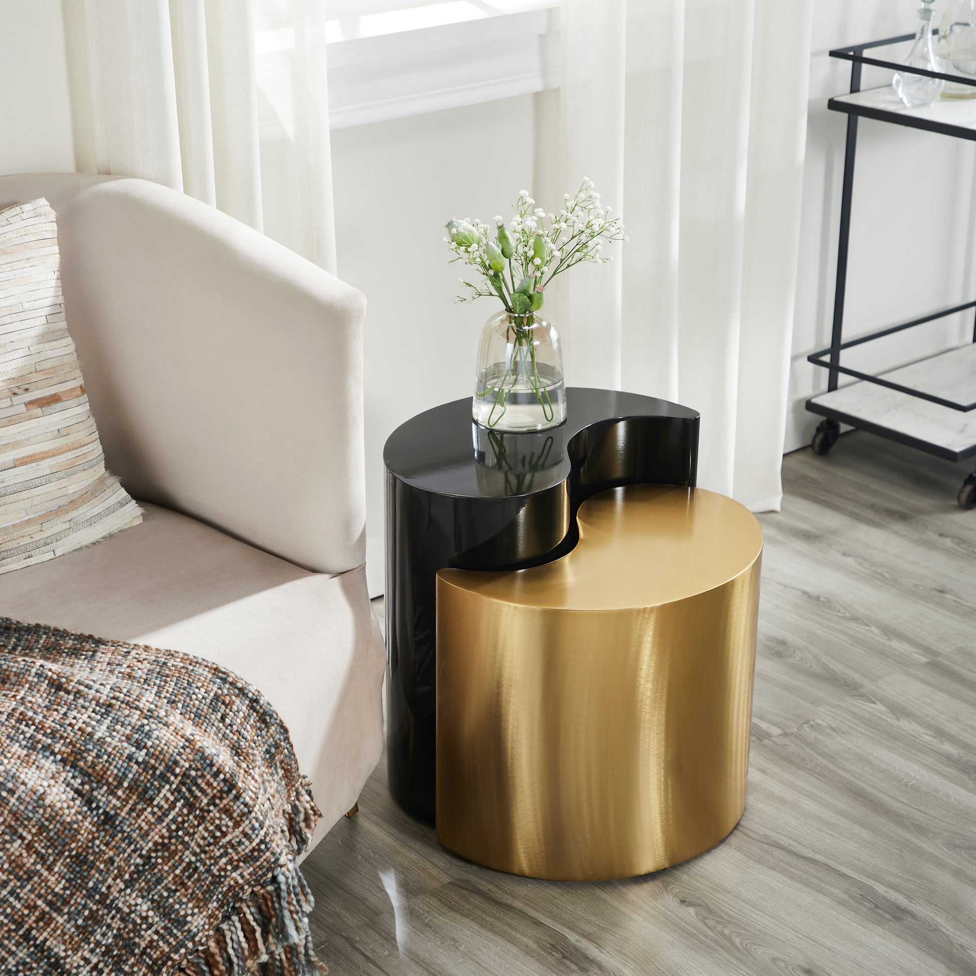 Ying Yang Modern & Contemporary Style 2PC End Table Made with Iron Sheet Frame in Black & Gold