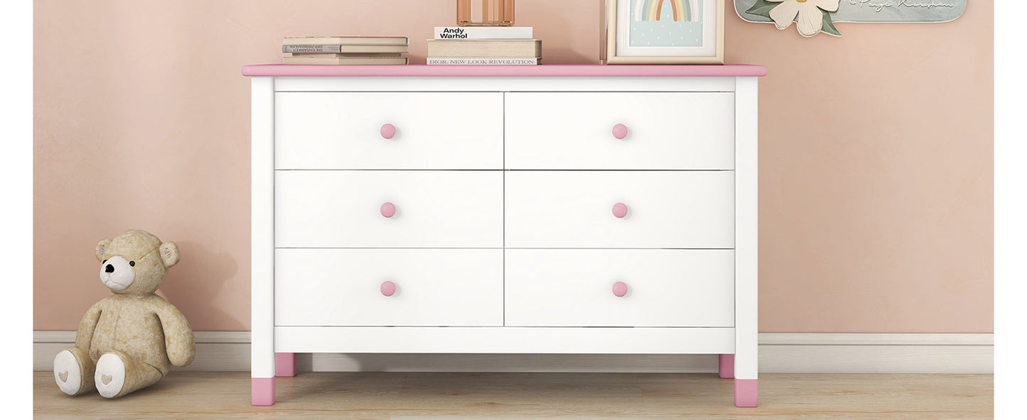 Wooden Storage Dresser with 6 Drawers,Storage Cabinet for kids Bedroom,White+Pink