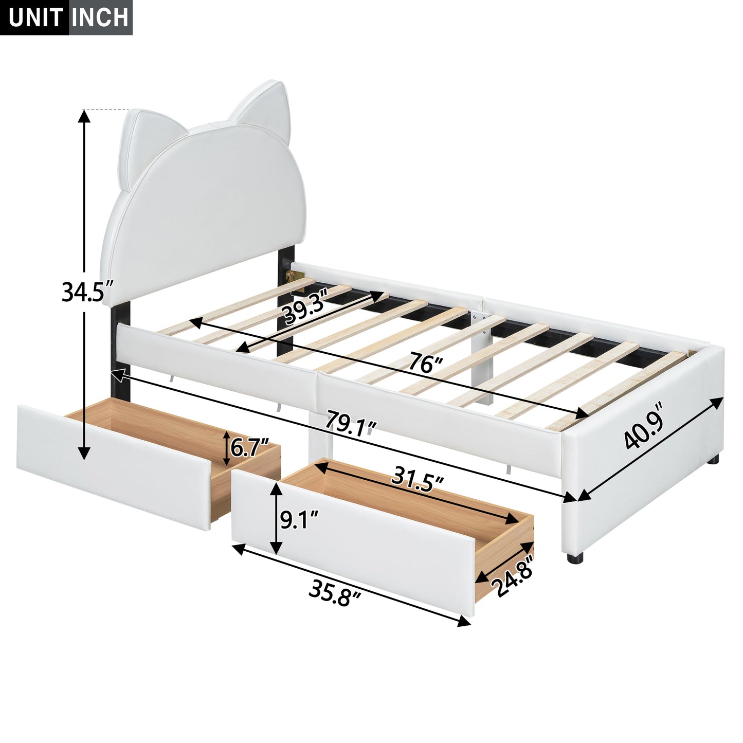 Twin Size Upholstered Platform Bed with Cartoon Ears Shaped Headboard and 2 Drawers, White