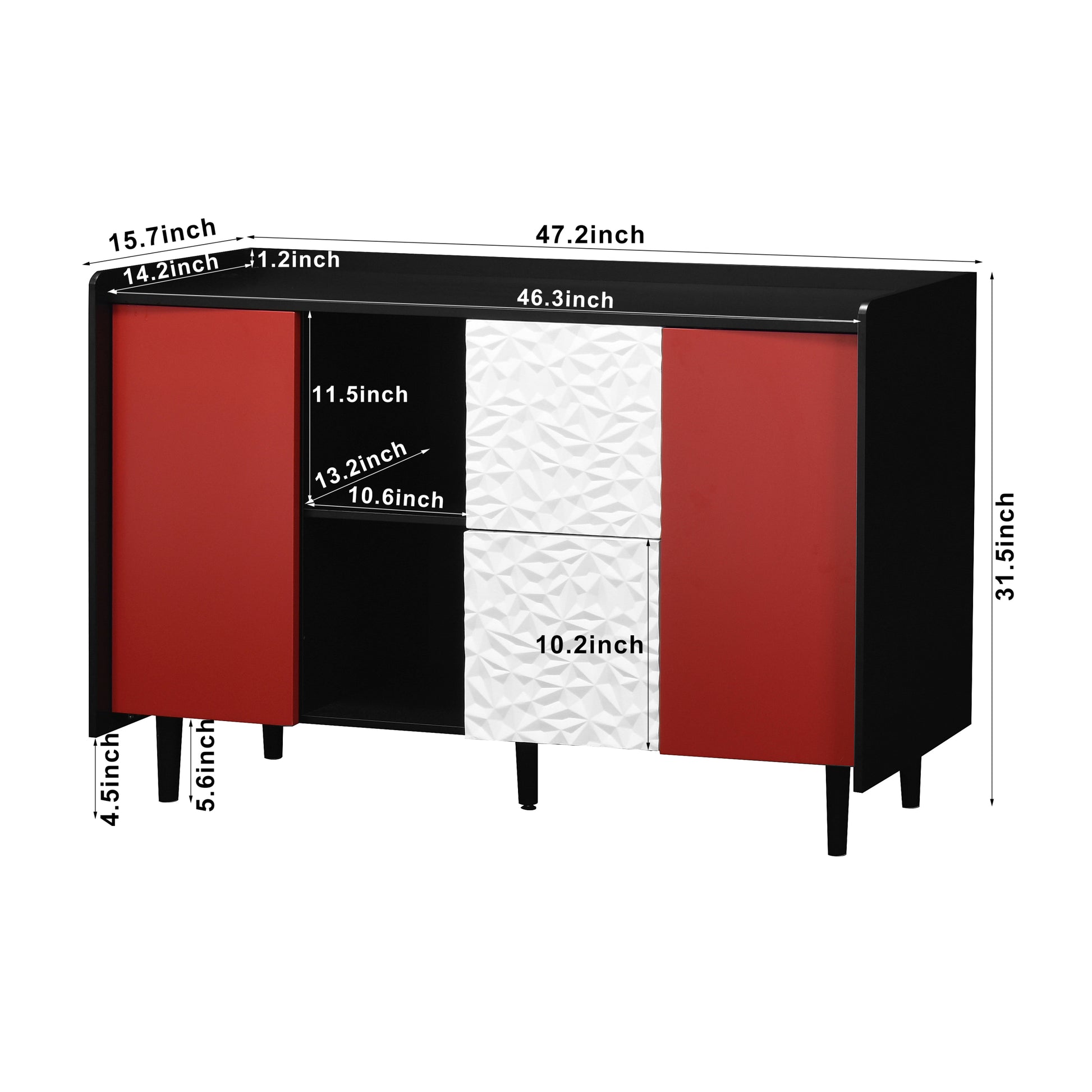 Sideboard Buffet Cabinet, Black Storage Cabinet with Red Doors , 2 Drawers with unique panel styling and 2 Open Storage Compartment, Modern Coffee Bar Cabinet Accent Cabinet for Kitchen, Dining Room,