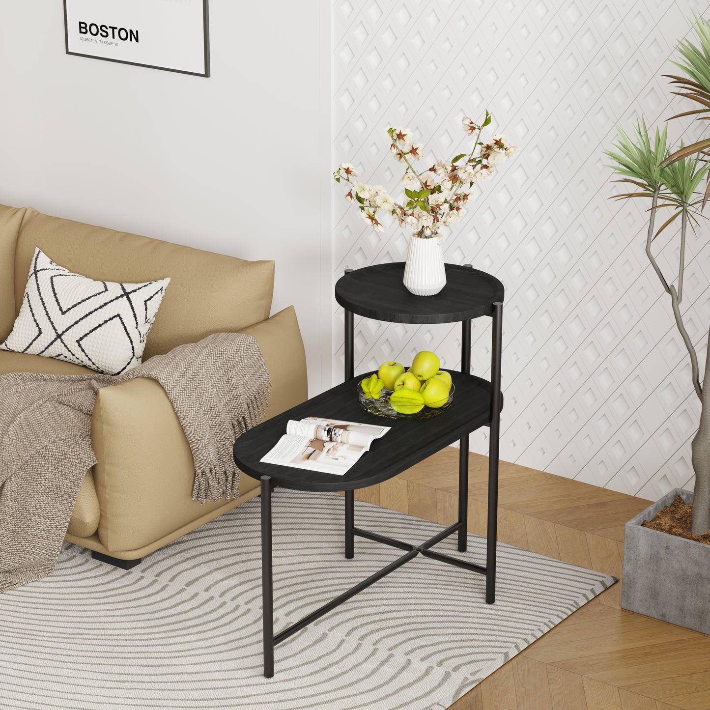 Round Coffee Table with Storage Tray 2 Tier Oval End Tables Wooden Small Side Table for Living Room (Black)