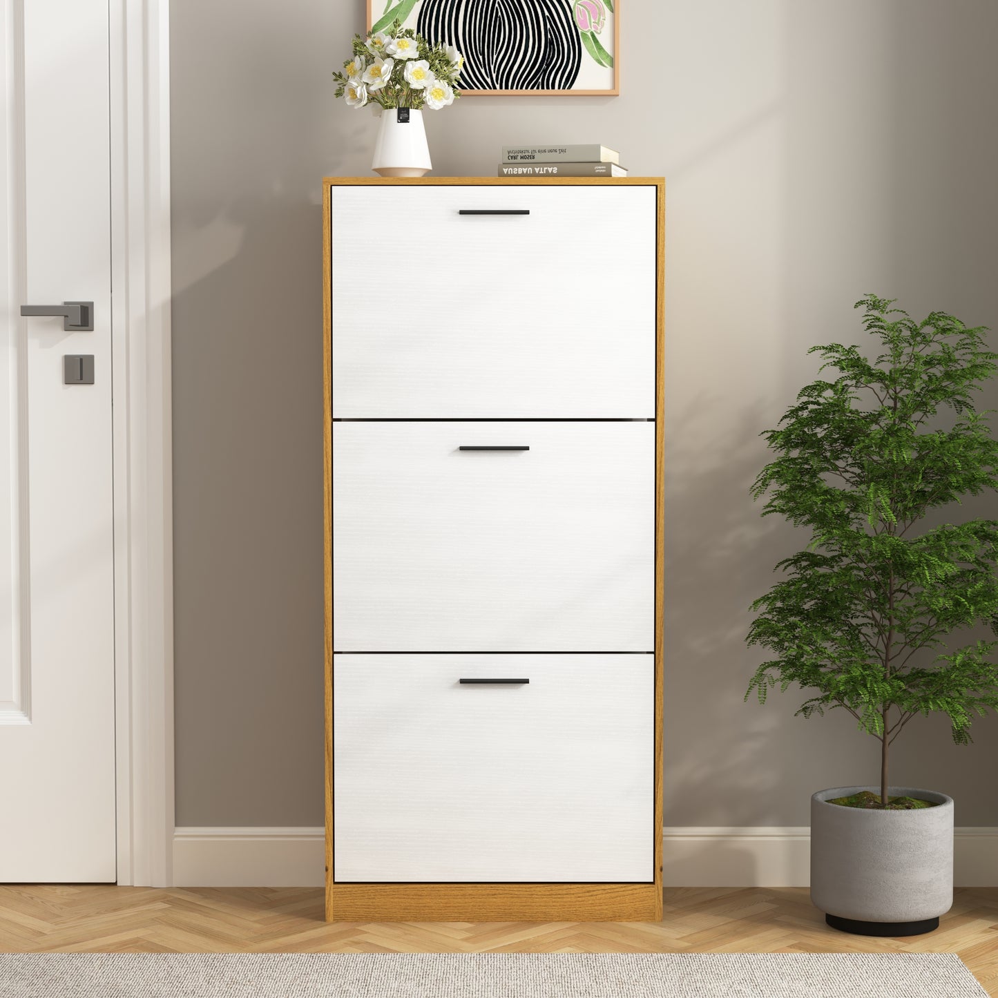 Shoe Storage Cabinet with 3 White Panel Flip Drawers, Freestanding Organizer for Entryway, Narrow Shoe Rack Cabinet