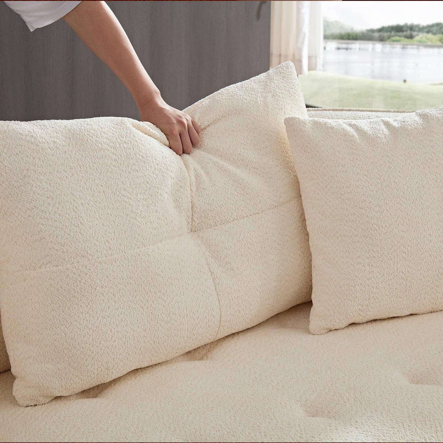 WKS7W  White, 4-seat modular sofa, durable fabric, solid wood frame, high density sponge cushion, 4 pillows