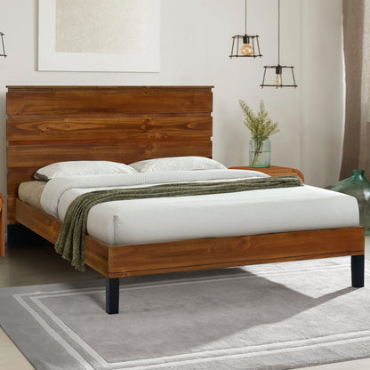 Mid-Century Modern Solid Wood Bed Frame Queen Size Platform Bed with Six-Piece Headboard Design, No Box Spring Needed, Brown