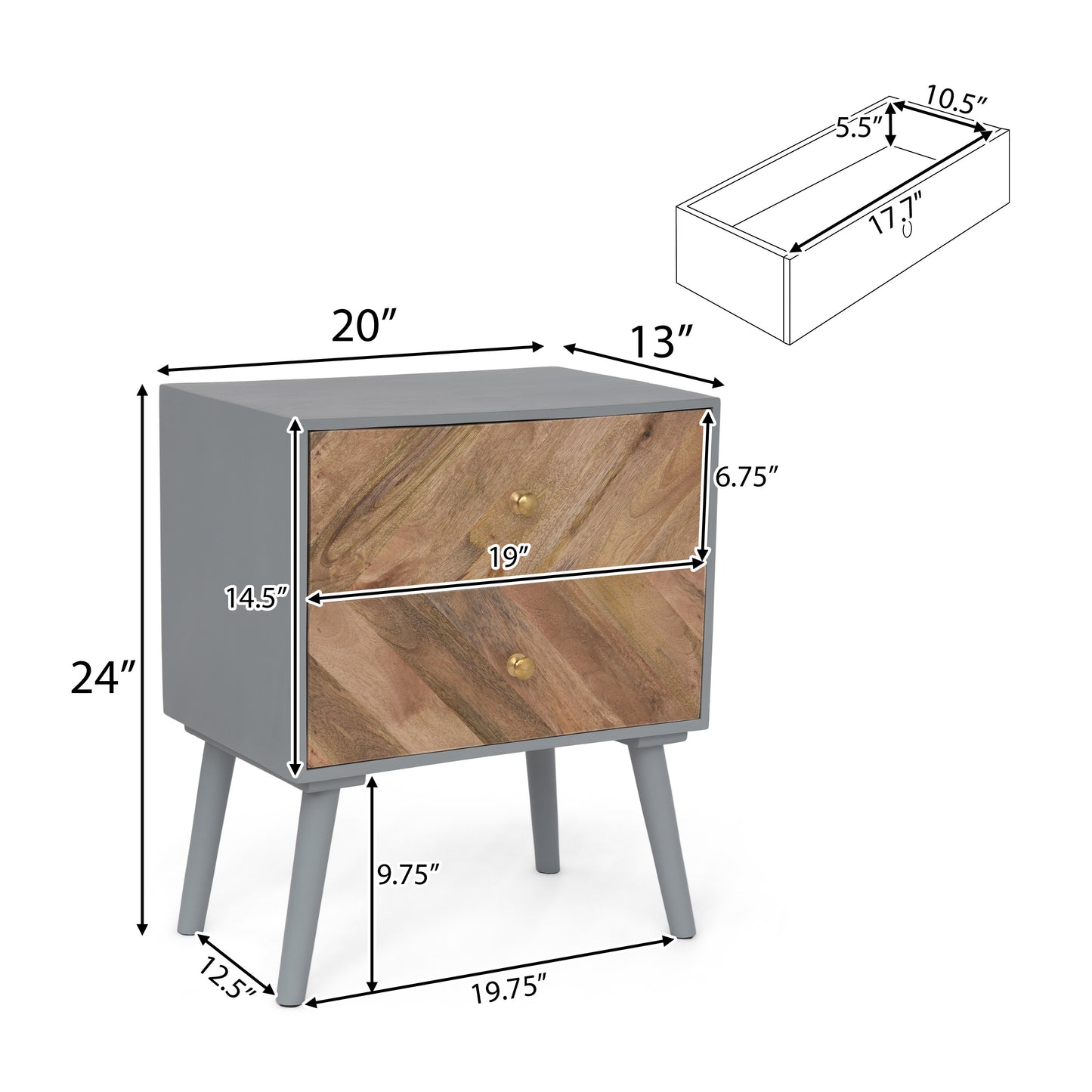 MANGO WOODEN / MDF FITTED 2 DRAWER CABINET- ( KD  LEGS