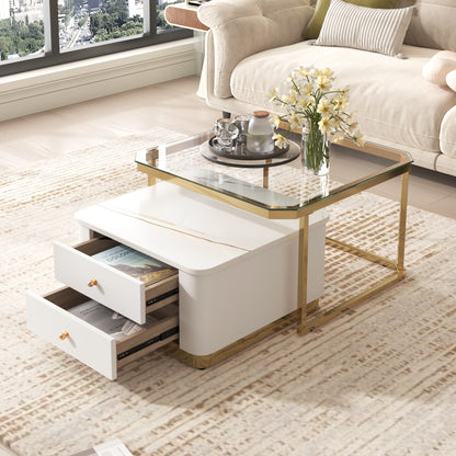 Modern 2 Pieces White  Square Nesting  Coffee Table with Drawers & Electroplated gold legs in 27.6''