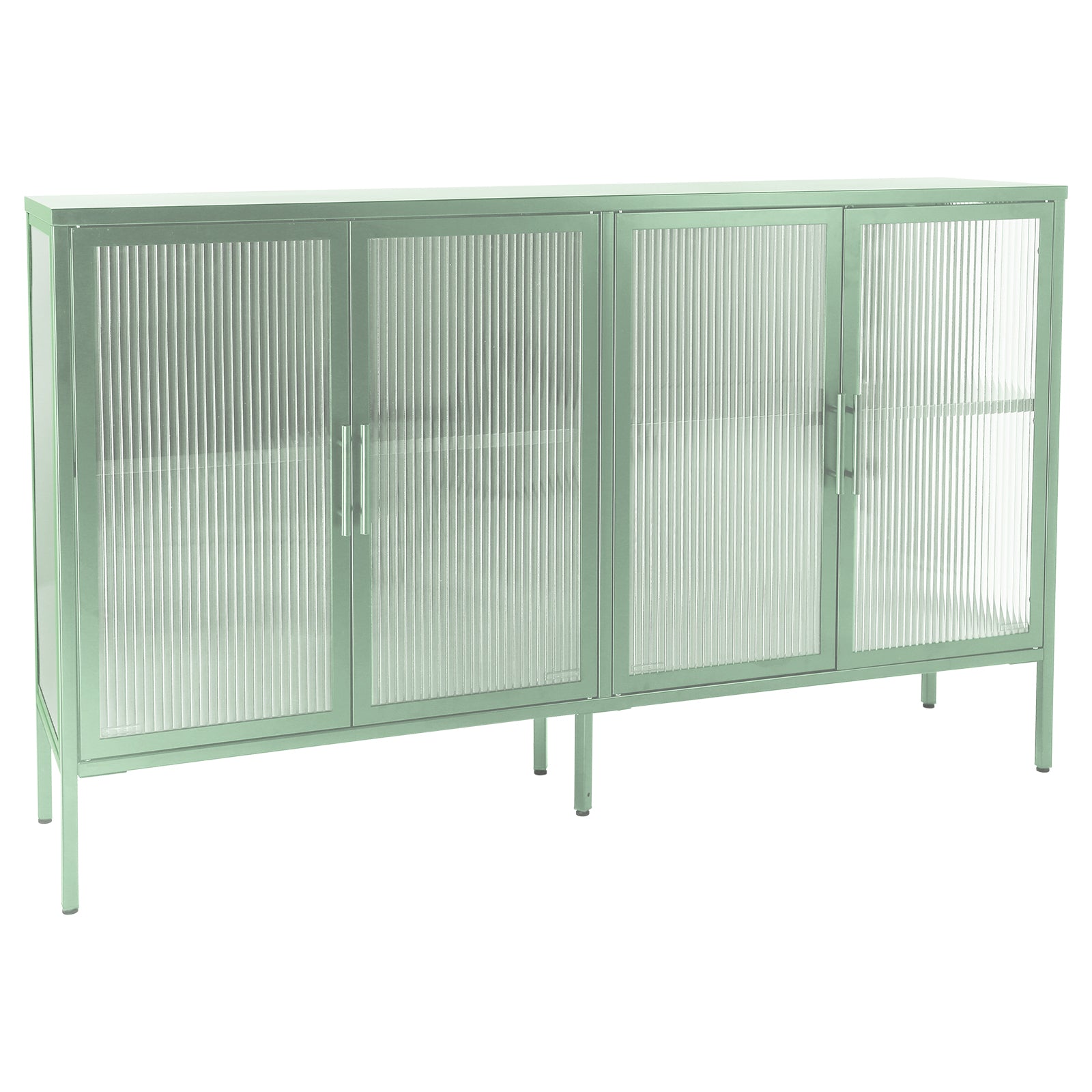 Stylish 4-Door Tempered Glass Cabinet with 4 Glass Doors Adjustable Shelf and Feet Anti-Tip Dust-free Fluted Glass Kitchen Credenza Light Green