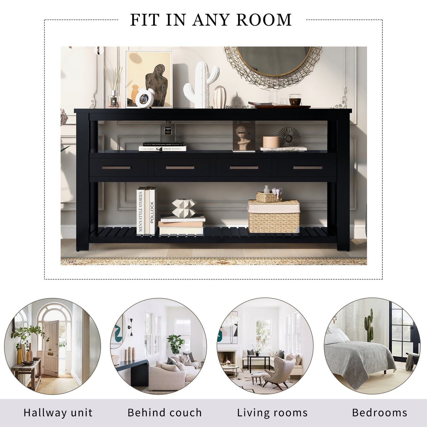 U_STYLE 62.2'' Modern Console Table Sofa Table for Living Room with 4 Drawers and 2 Shelves