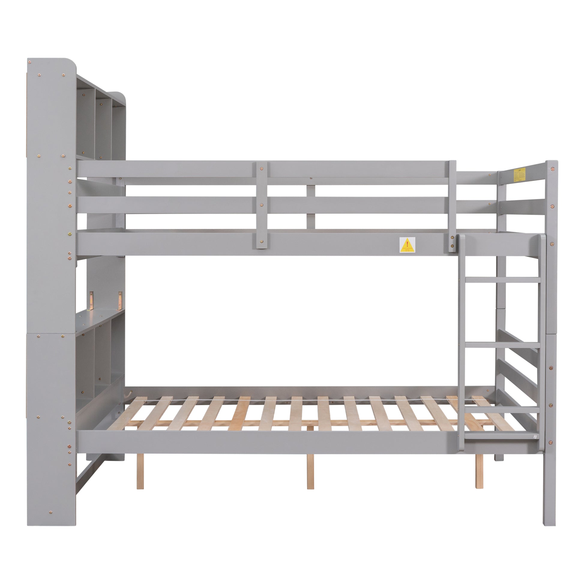 Full Over Full Bunk Beds with Bookcase Headboard, Solid Wood Bed Frame with Safety Rail and Ladder, Kids/Teens Bedroom, Guest Room Furniture, Can Be converted into 2 Beds, Grey