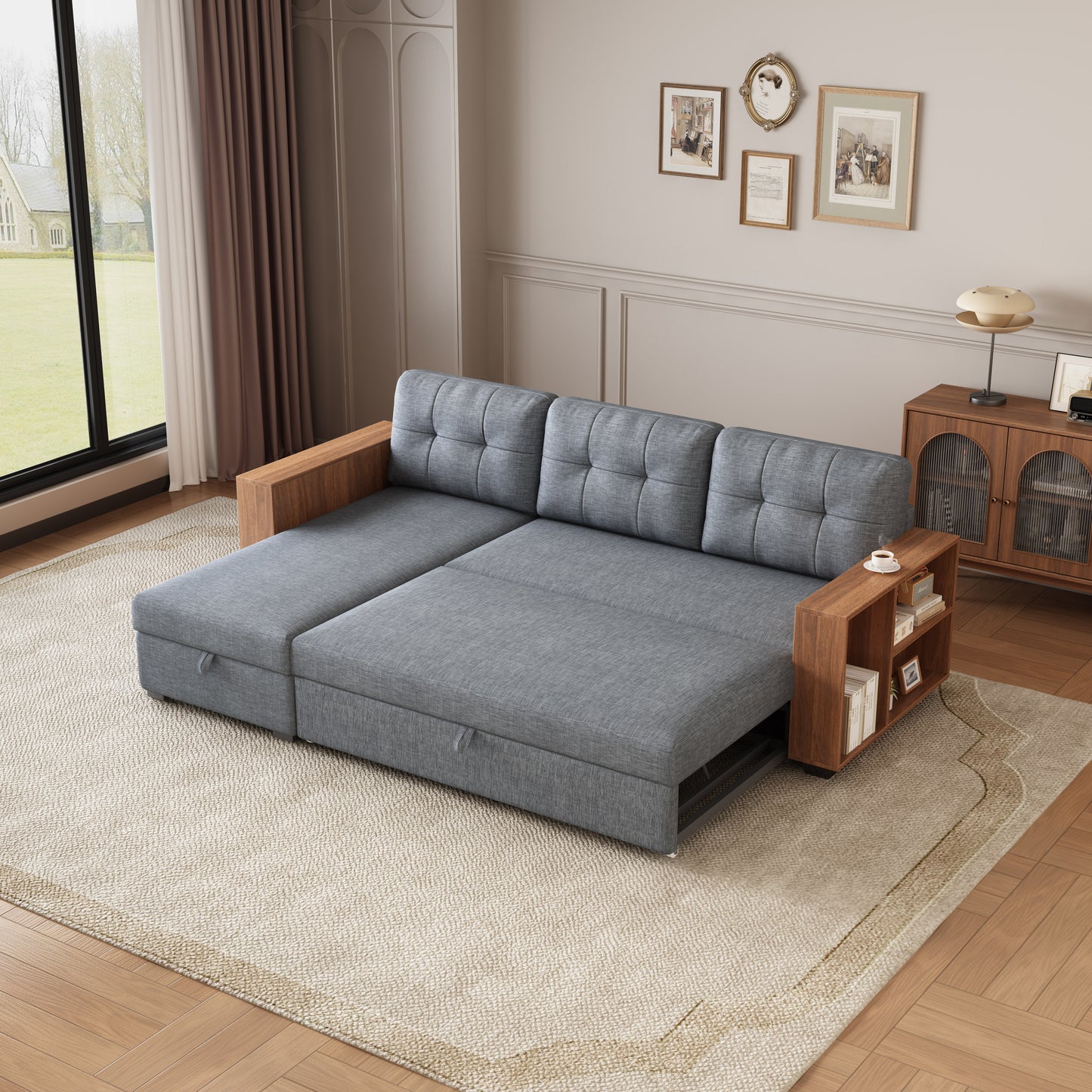 Upholstered Pull Out Sectional Sofa with Storage Chaise, Convertible Corner Couch, Light Grey-Wooden handrail