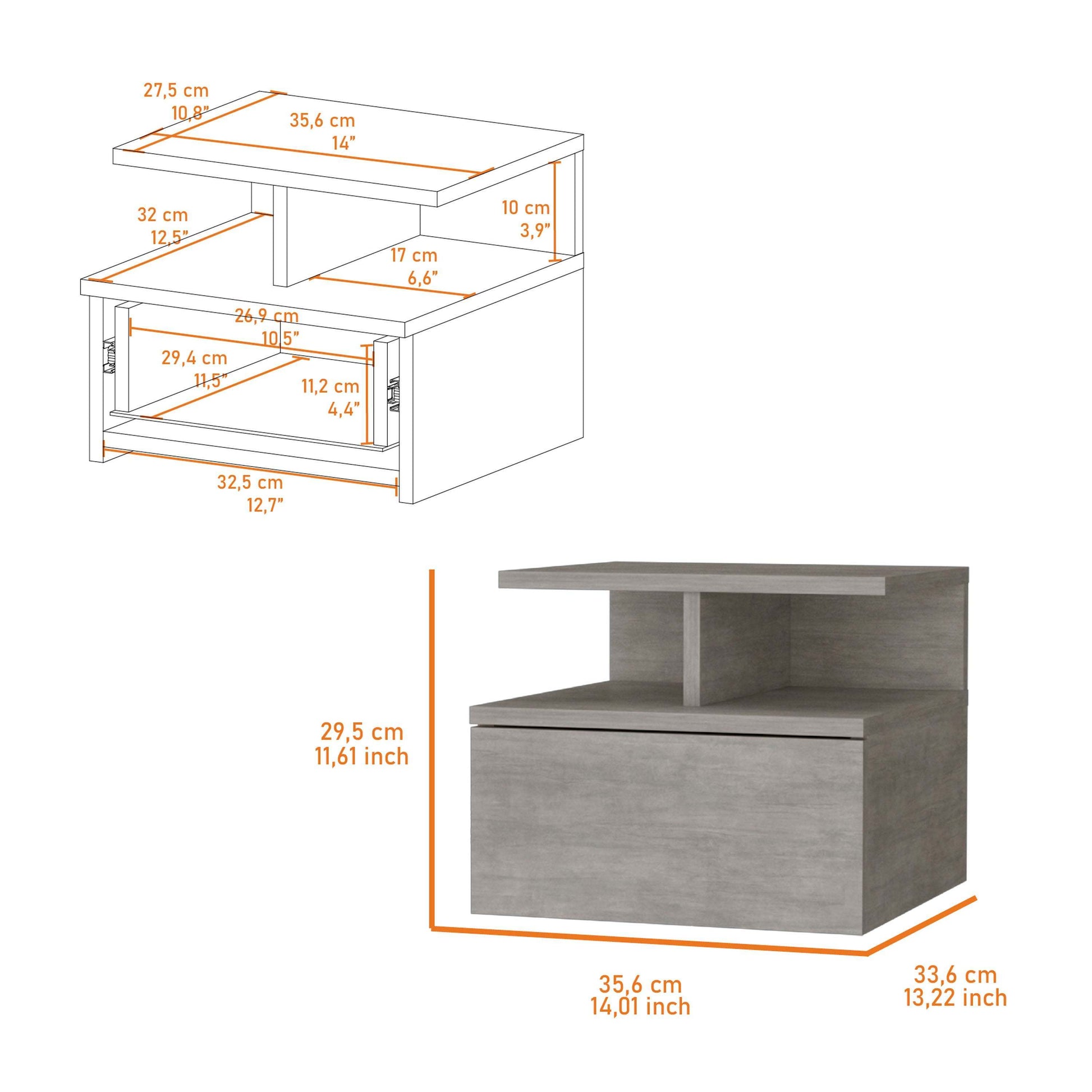 Samuel Concrete Gray 2-Tier Shelf Floating Nightstand