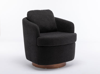 035-Boucle Fabric Swivel Accent Chair With Soild Wood Round Brown Base Leg,Black