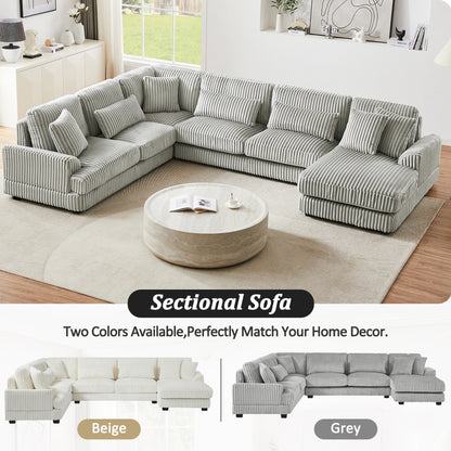 129" Oversized Sectional Sofa U-shaped Sofa Couch Modern Sofa Upholstered in Soft Corduroy with a Chaise Lounge for Living Room, Grey