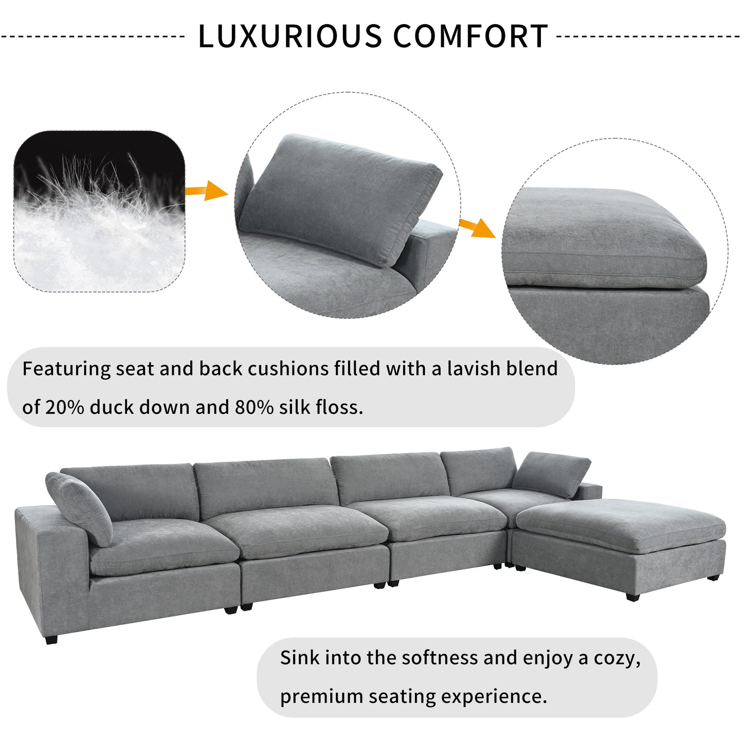 U-style Upholstered Oversize Modular Sofa with Removable Ottoman,Sectional sofa for Living Room Apartment(5-Seater)