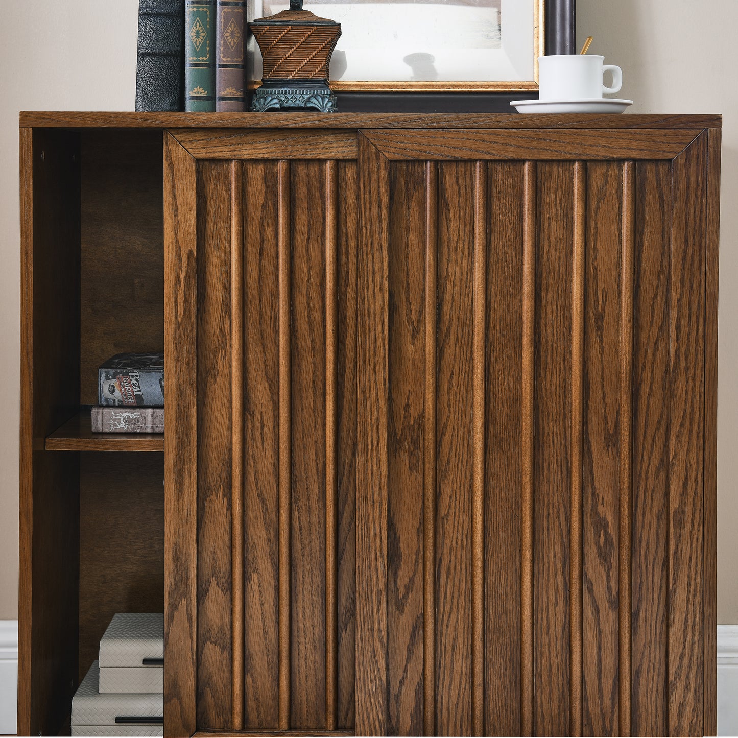 Mid Century Sideboard with 2 Sliding Door & Solid Wood Decorative Strips, Storage Cabinet for Living Room, Kitchen, Dining, Entryway, Hallway