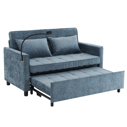 56.9" Loveseat Sofa Pull-out Sofa Bed Sleeper Sofa with a Reversible Backrest Cushion, Side Pockets, Two USB Ports and a Phone Holder for Living Room, Blue