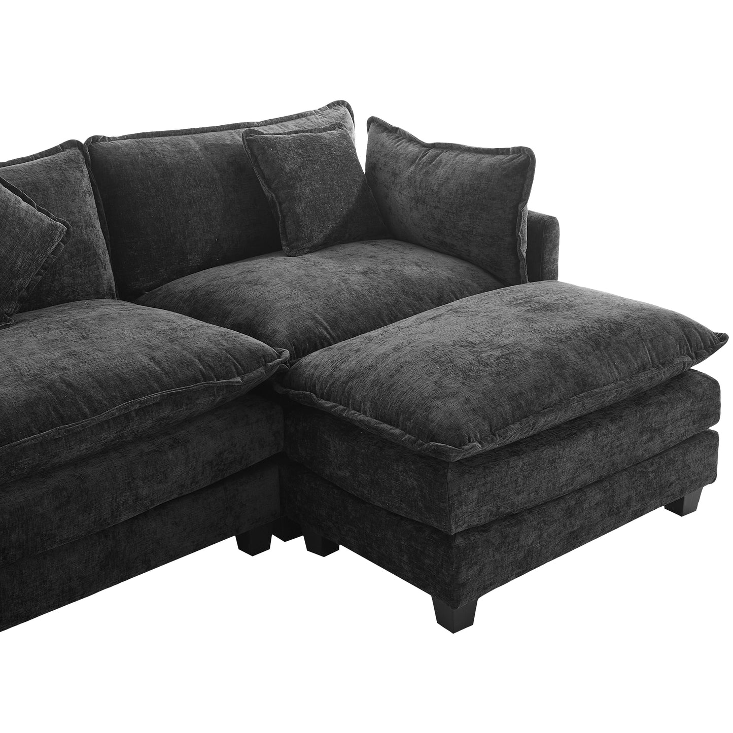 112.2" L-Shape Chenille Upholstered Sofa for Living Room Modern Luxury Sofa Couch with Ottoman and 5 Pillows for Living Room (SG001160AA), Black